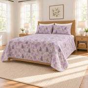 Muted lavender cat and wisteria quilt set, right angle view