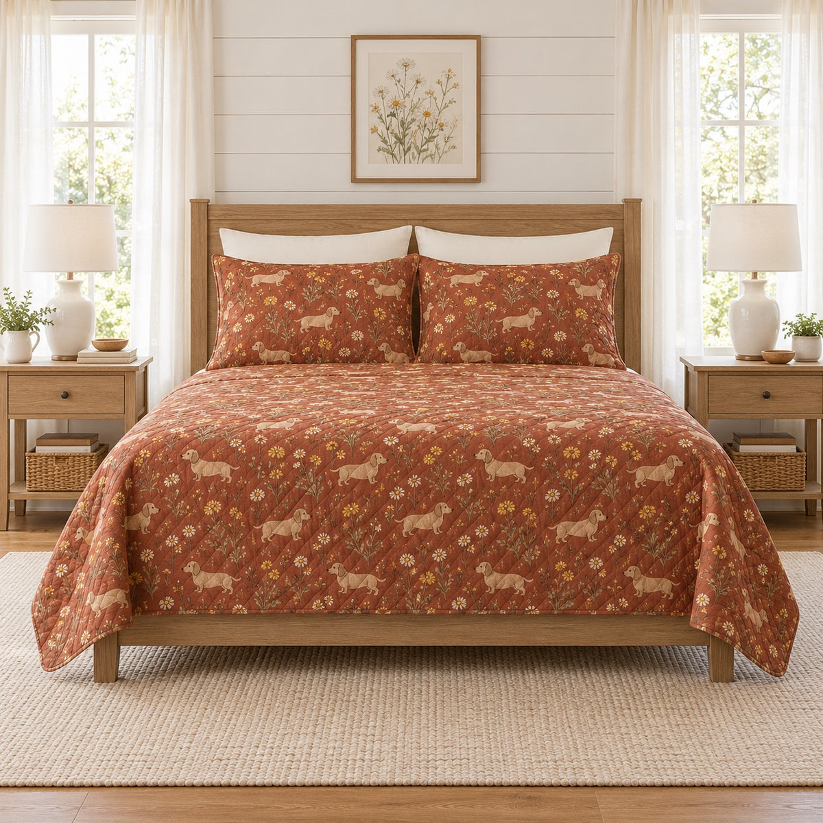 Warm terracotta dachshund and meadow daisy quilt set, front bedroom view