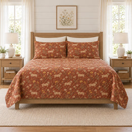 Warm Terracotta Dachshund Meadow Daisy Quilt Set, Gift for Dachshund Owners