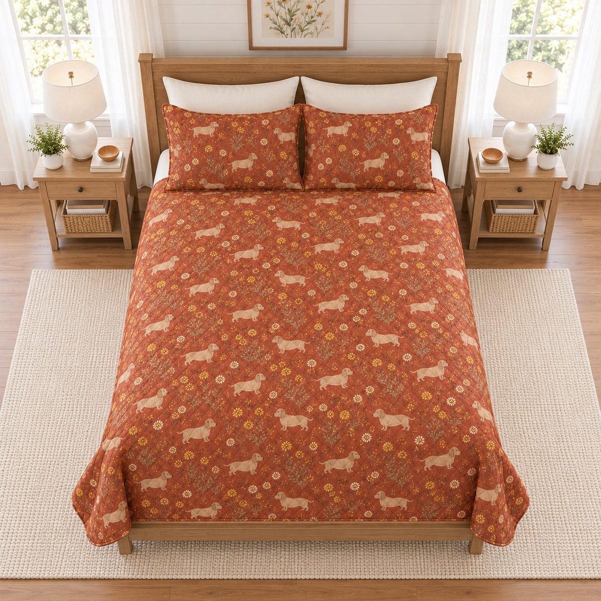 Warm terracotta dachshund and meadow daisy quilt set, elevated overhead view