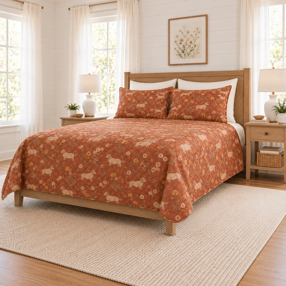 Warm terracotta dachshund and meadow daisy quilt set, right angle view