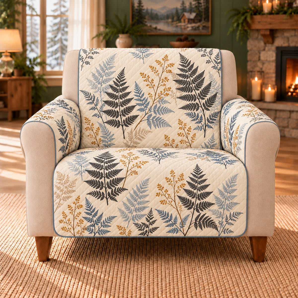 Fractal Leaf Scatter sofa cover on a beige armchair