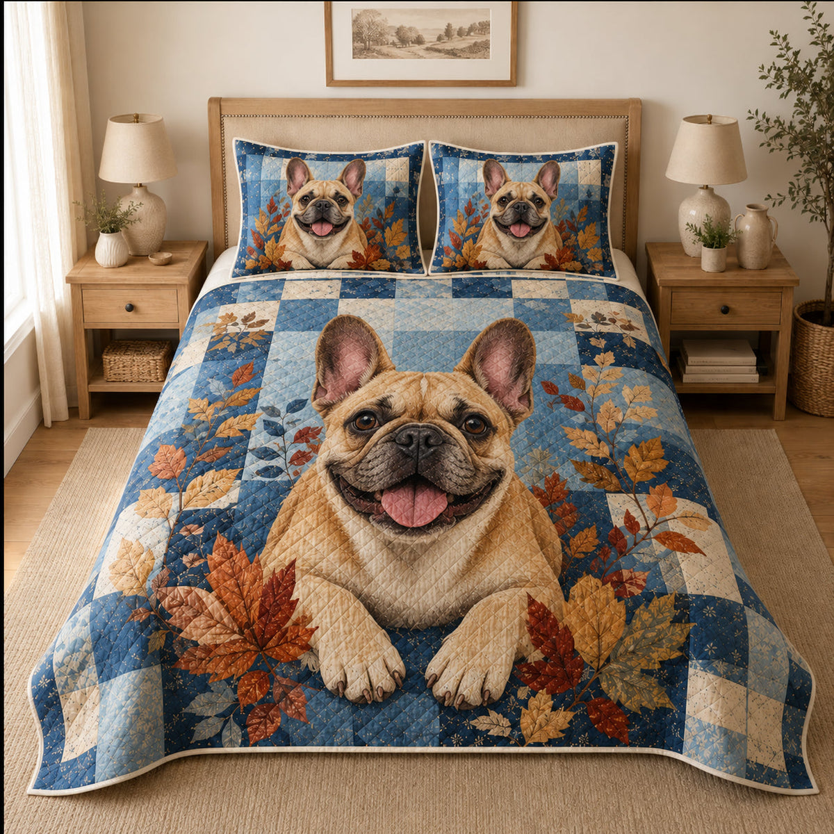 French Bulldog autumn patchwork quilt bedding set