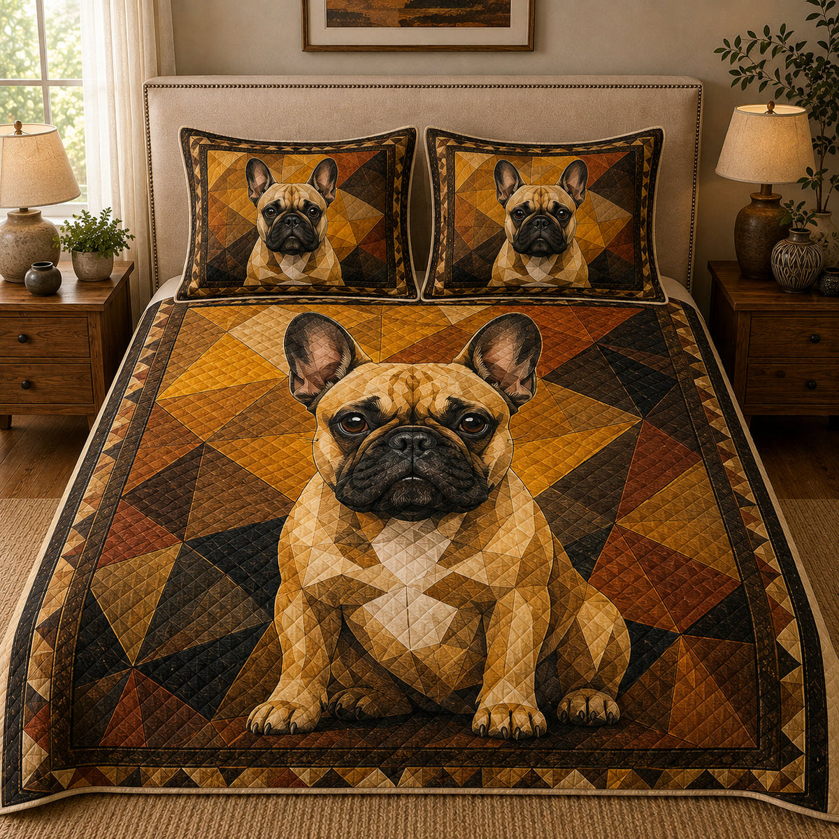 French Bulldog Geometric quilt design with coordinating pillow shams