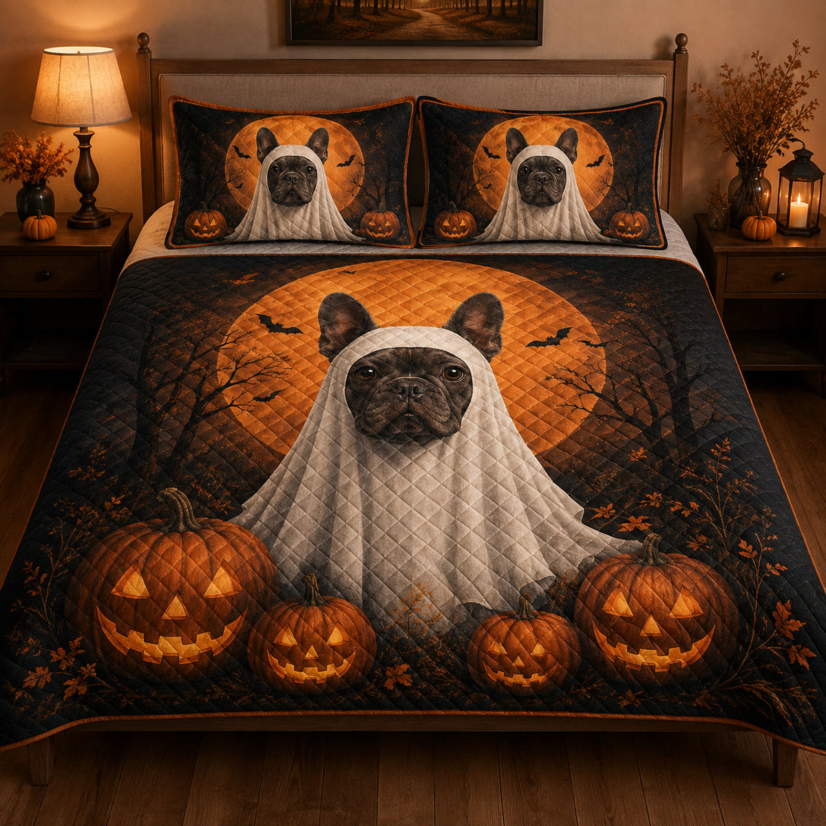 French Bulldog Halloween Ghost quilt design with coordinating pillow shams