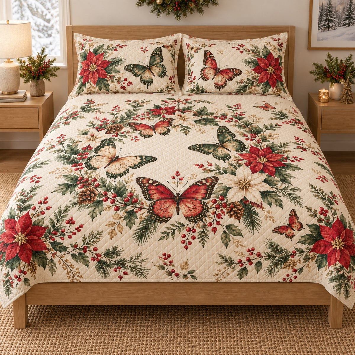 Christmas Watercolor Wings Butterfly Quilt Set, front butterfly bedroom view