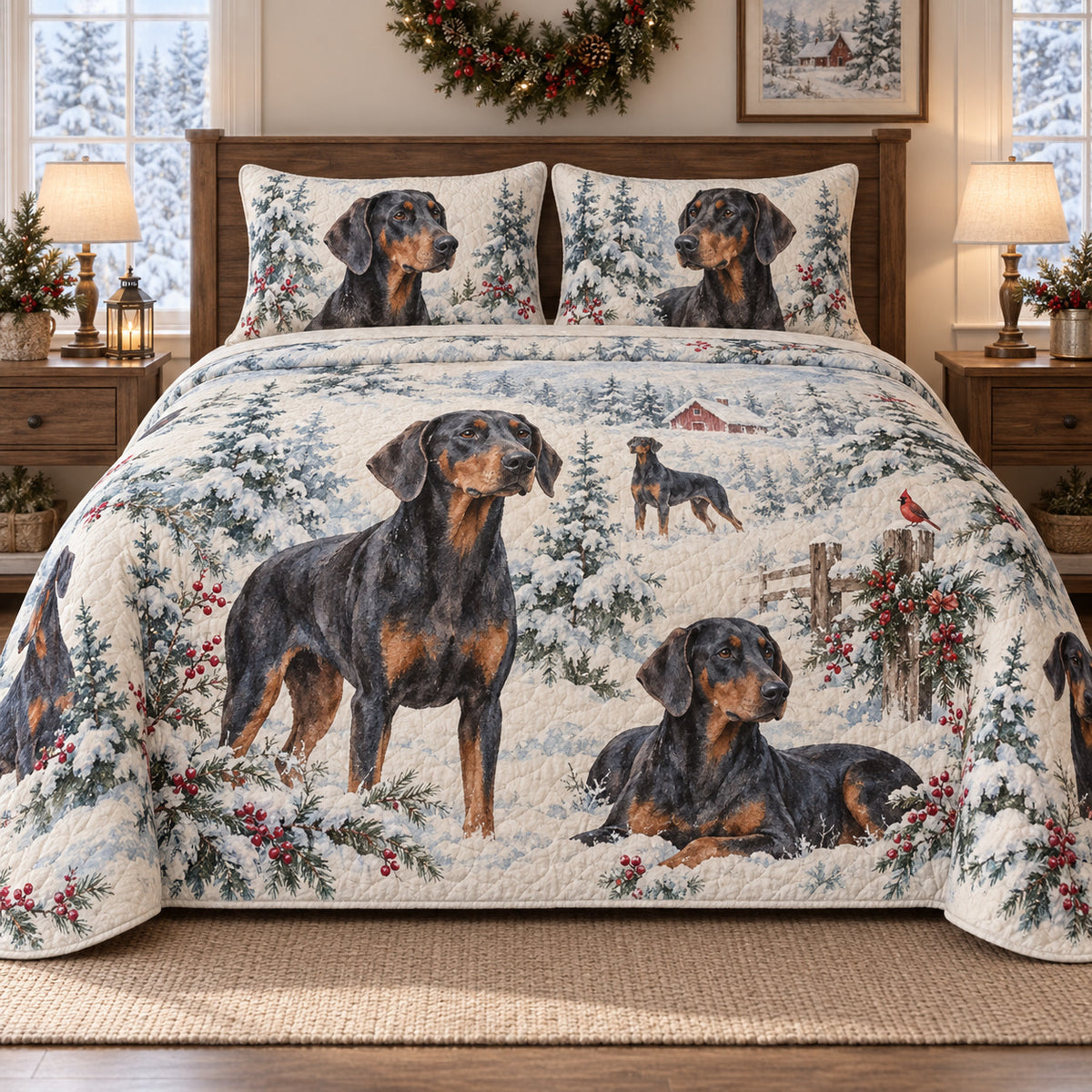 Doberman Pinscher Snowy Watercolor Christmas Quilt Set