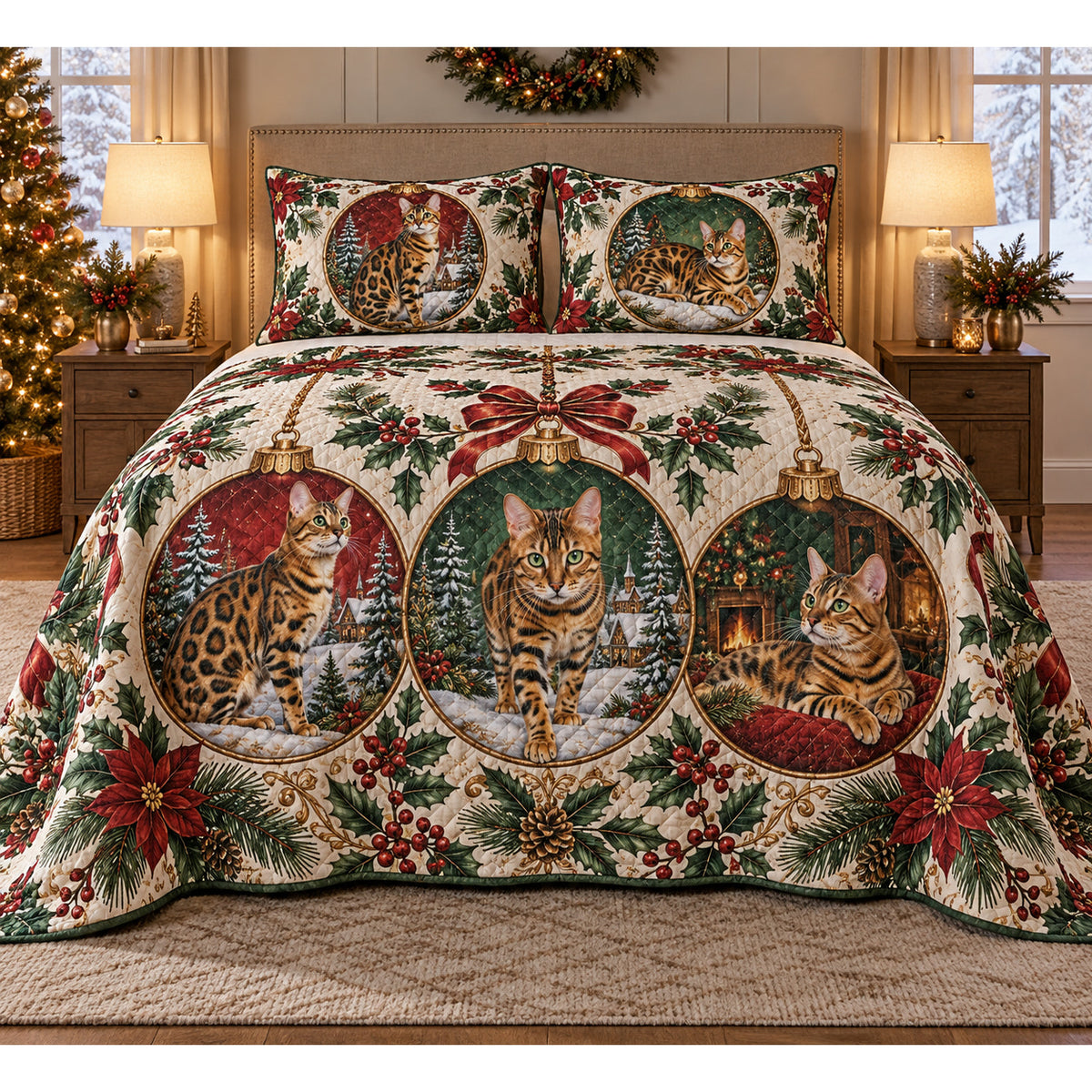 Bengal Cat Ornament Medallions Christmas Quilt Set