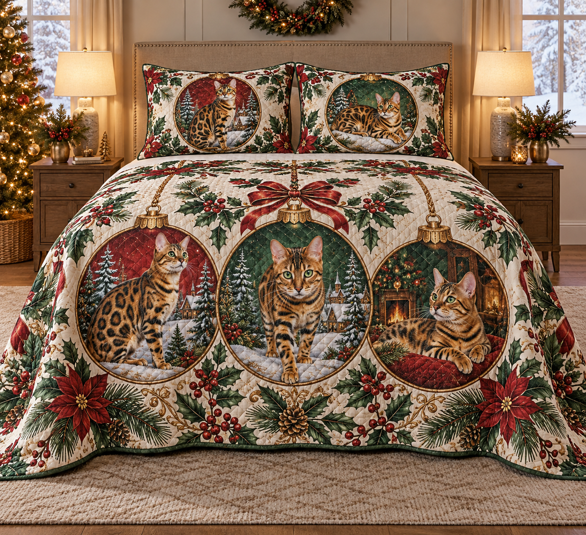 Bengal Cat Ornament Medallions Christmas Quilt Set, front bedroom view