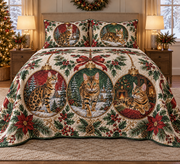 Bengal Cat Ornament Medallions Christmas Quilt Set, front bedroom view