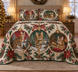 Bengal Cat Ornament Medallions Christmas Quilt Set