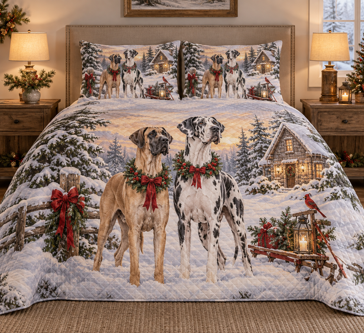 Great Dane Vintage Postcards Christmas Quilt Set, front bedroom view