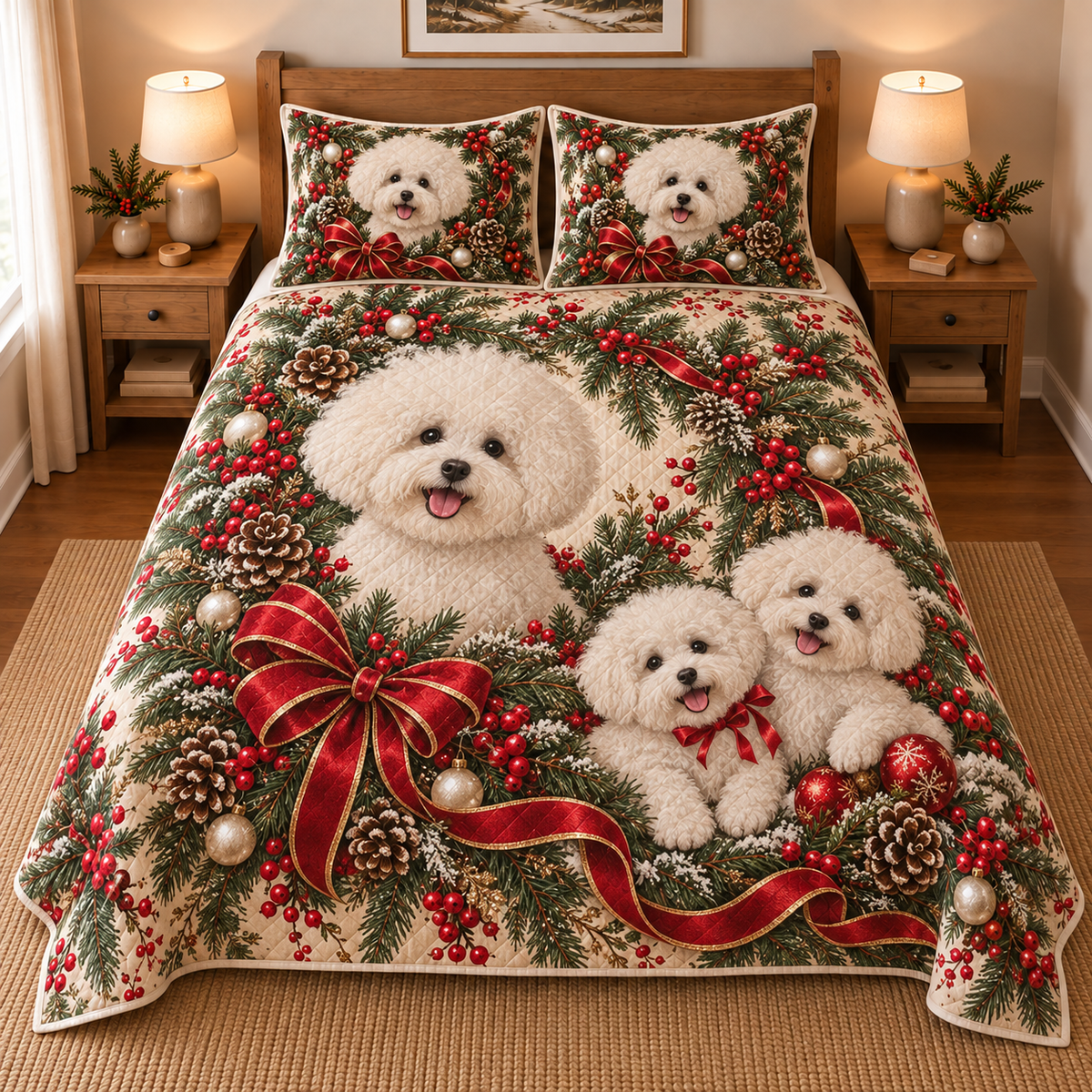 Bichon Frise Christmas Wreath Quilt Set, front bedroom view