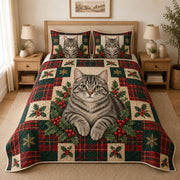 Gray Tabby Cat Heritage Tartan Christmas Quilt Set, reference-form bedroom view
