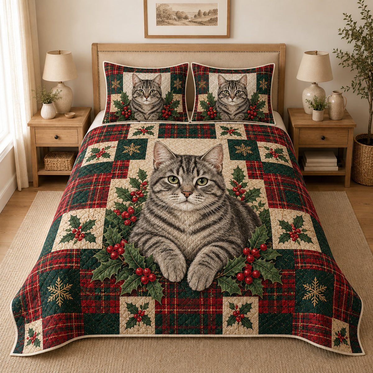 Gray Tabby Cat Heritage Tartan Christmas Quilt Set, reference-form bedroom view