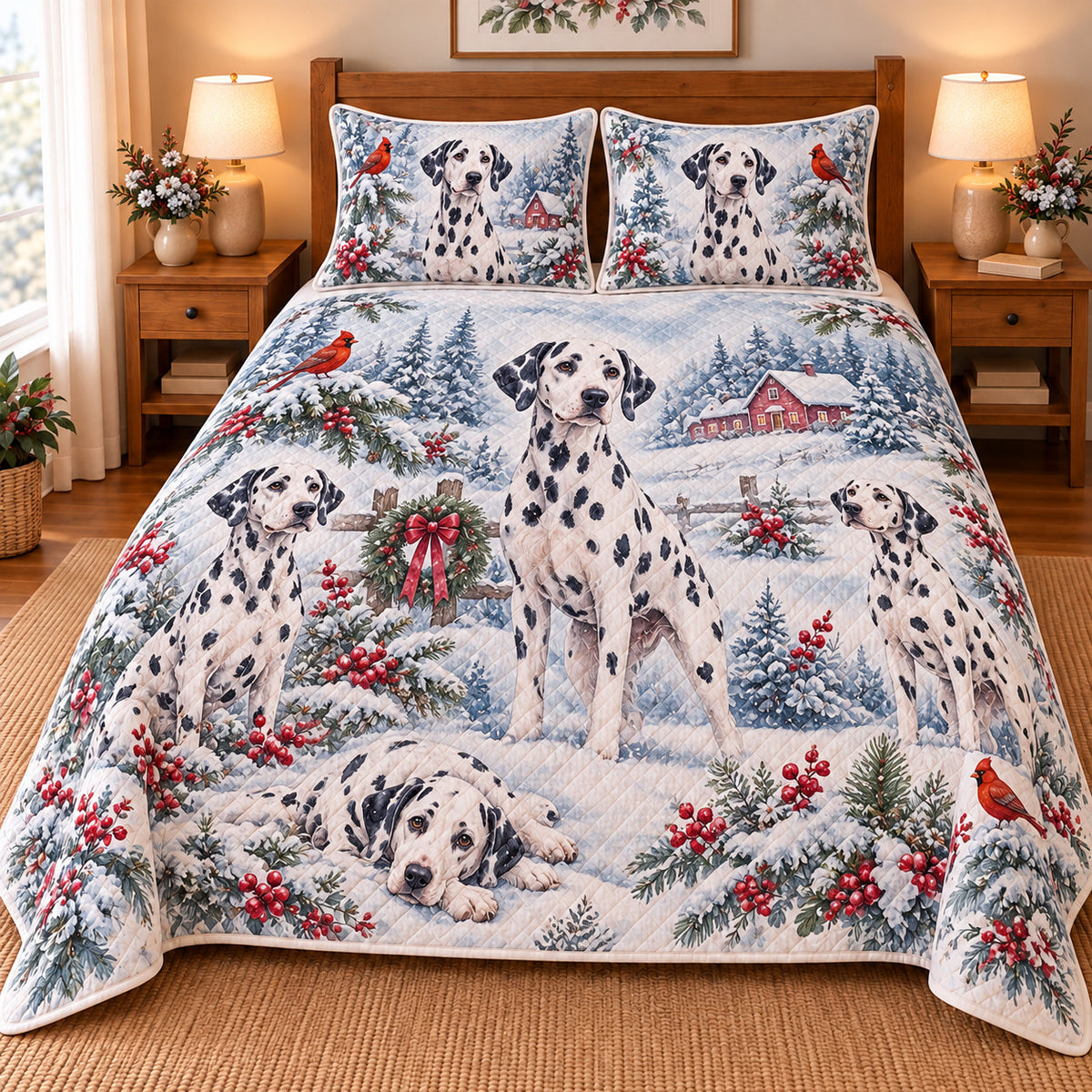 Dalmatian Snowy Watercolor Christmas Quilt Set