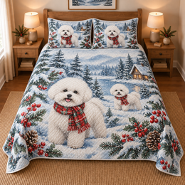 Bichon Frise Snowy Watercolor Christmas Quilt Set