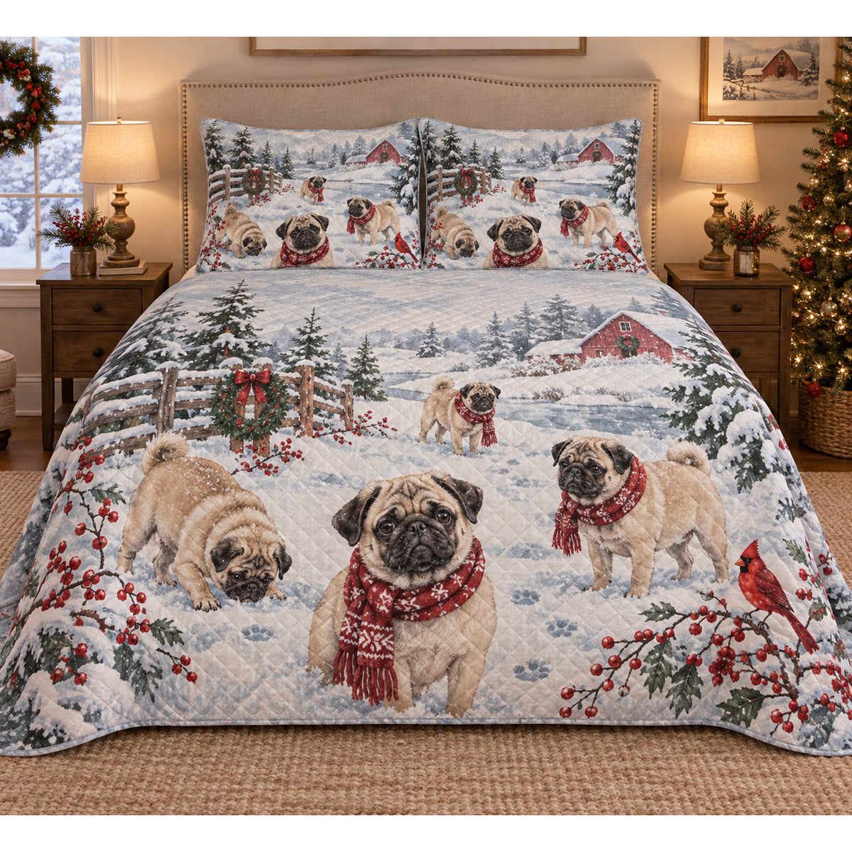 Pug Snowy Watercolor Christmas Quilt Set
