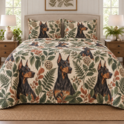 Doberman Pinscher Spotted Botanical Quilt Set, front bedroom view