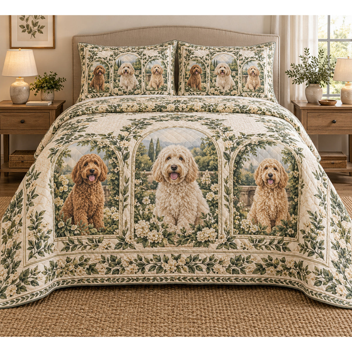 Labradoodle Garden Cameos Quilt Set