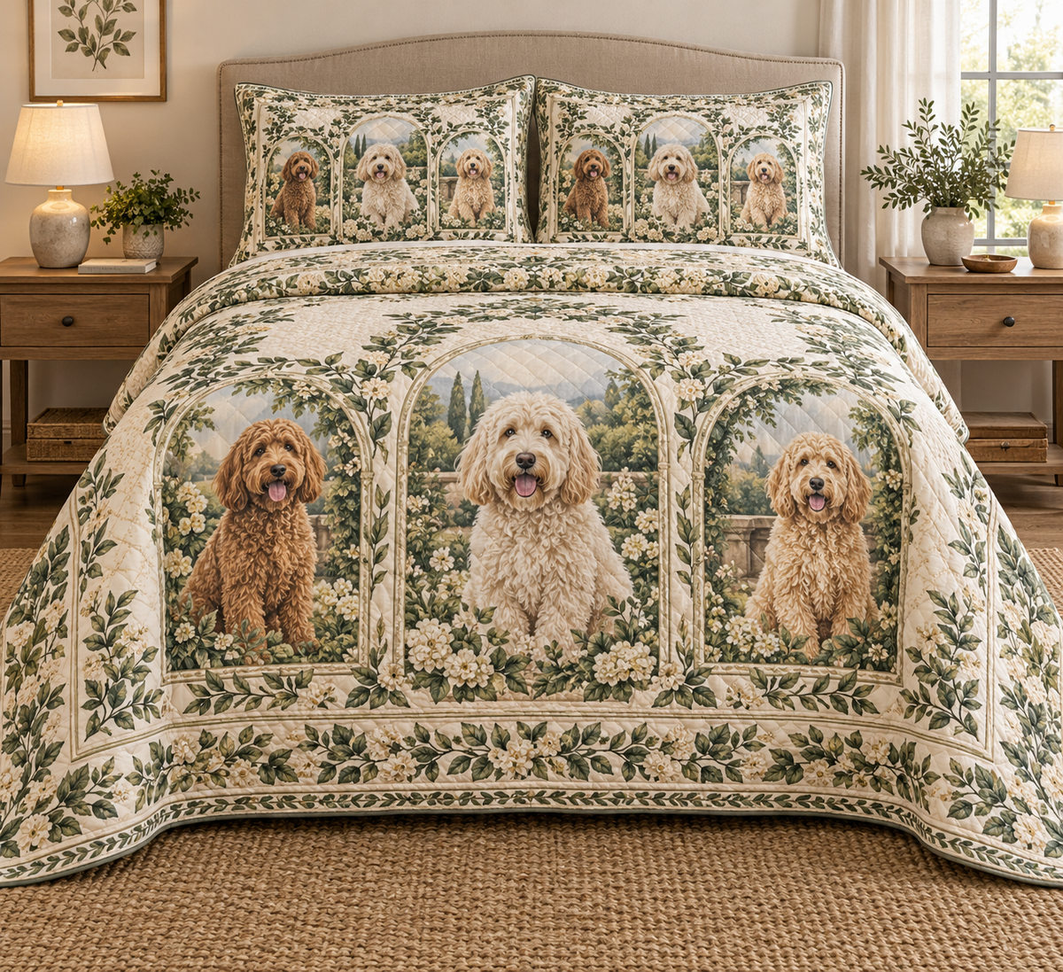 Labradoodle Garden Cameos Quilt Set, front bedroom view