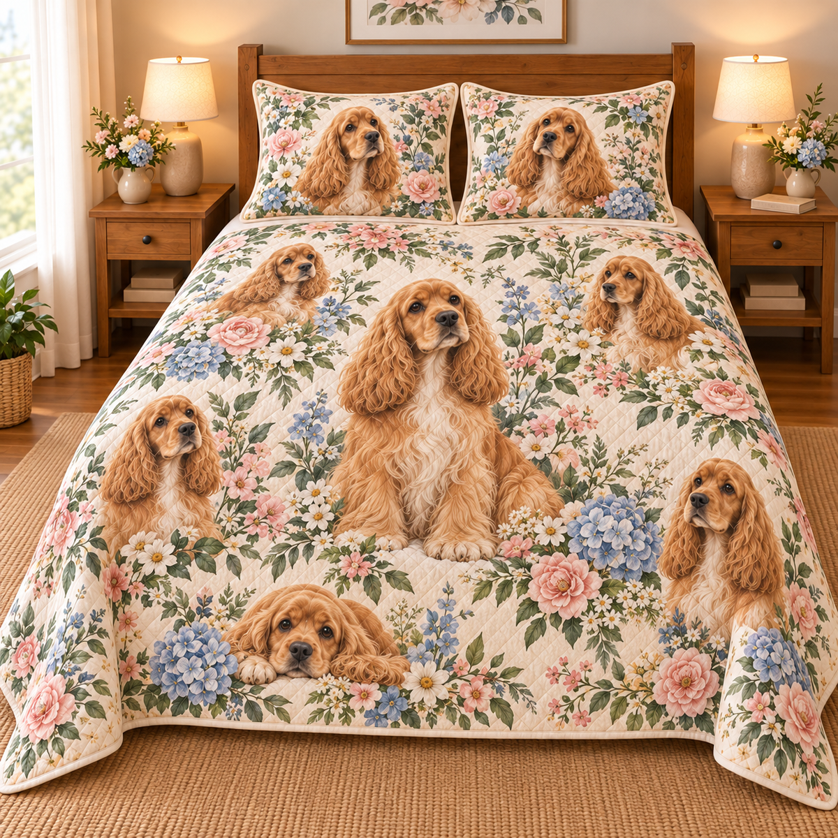 Cocker Spaniel Cottage Floral Quilt Set, front bedroom view