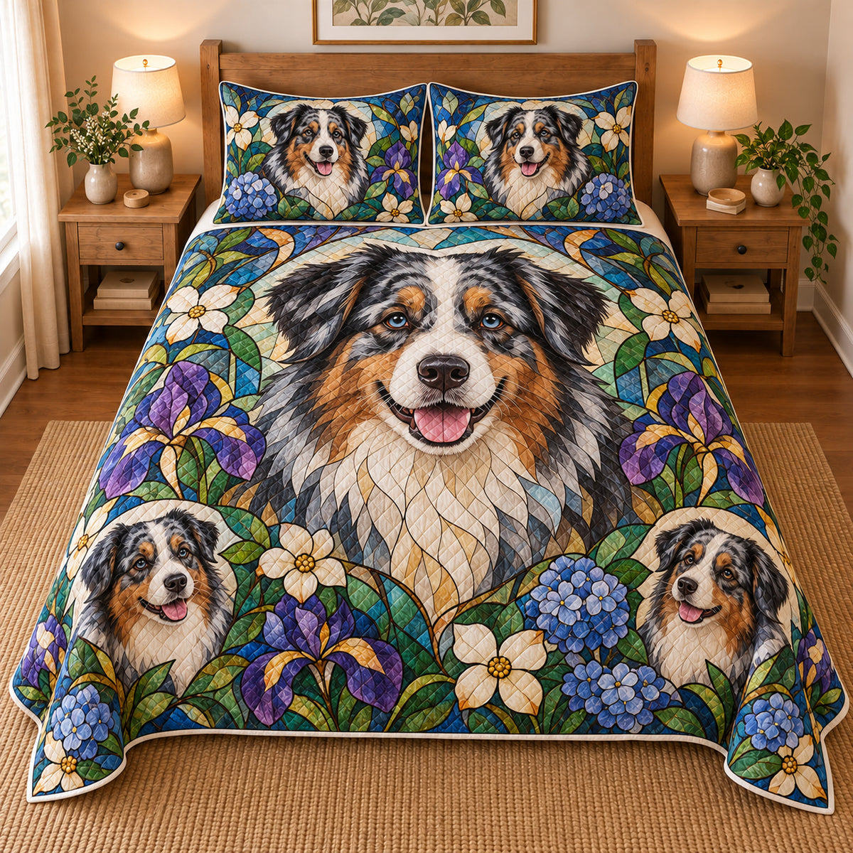 Australian Shepherd Garden Stained Glass Quilt Set