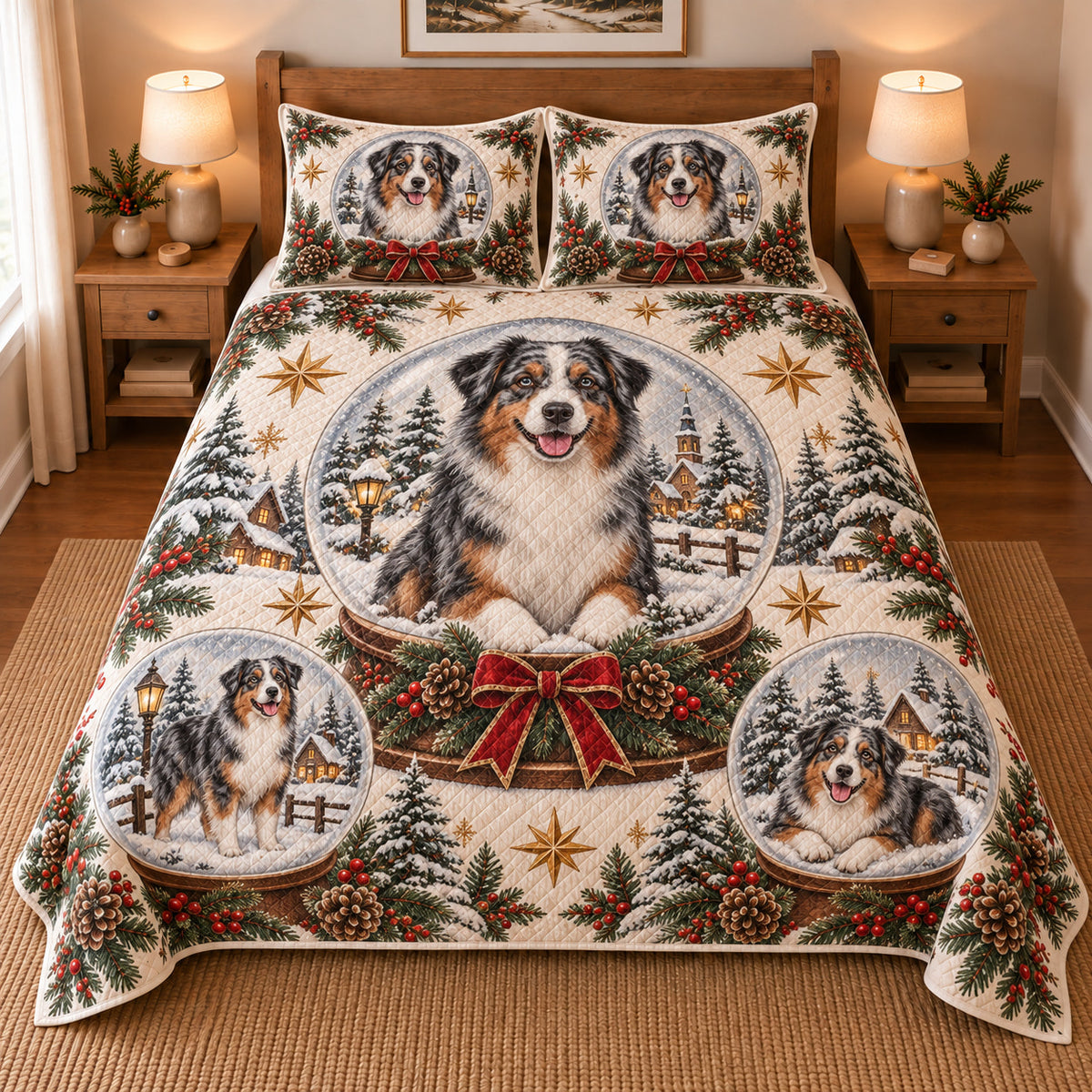 Australian Shepherd Winter Snow Globes Christmas Quilt Set