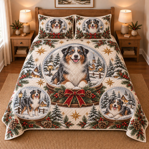 Australian Shepherd Winter Snow Globes Christmas Quilt Set, front bedroom view
