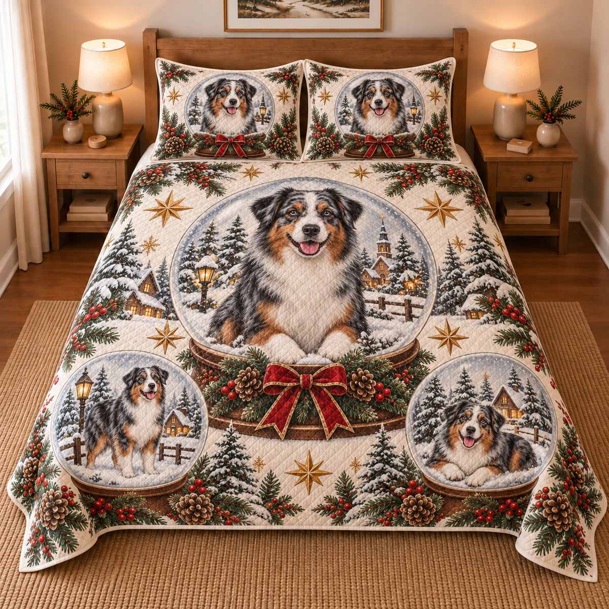 Australian Shepherd Winter Snow Globes Christmas Quilt Set, front bedroom view