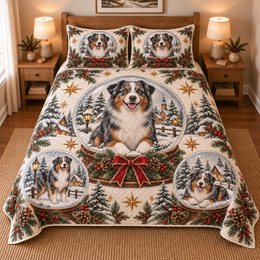 Australian Shepherd Winter Snow Globes Christmas Quilt Set