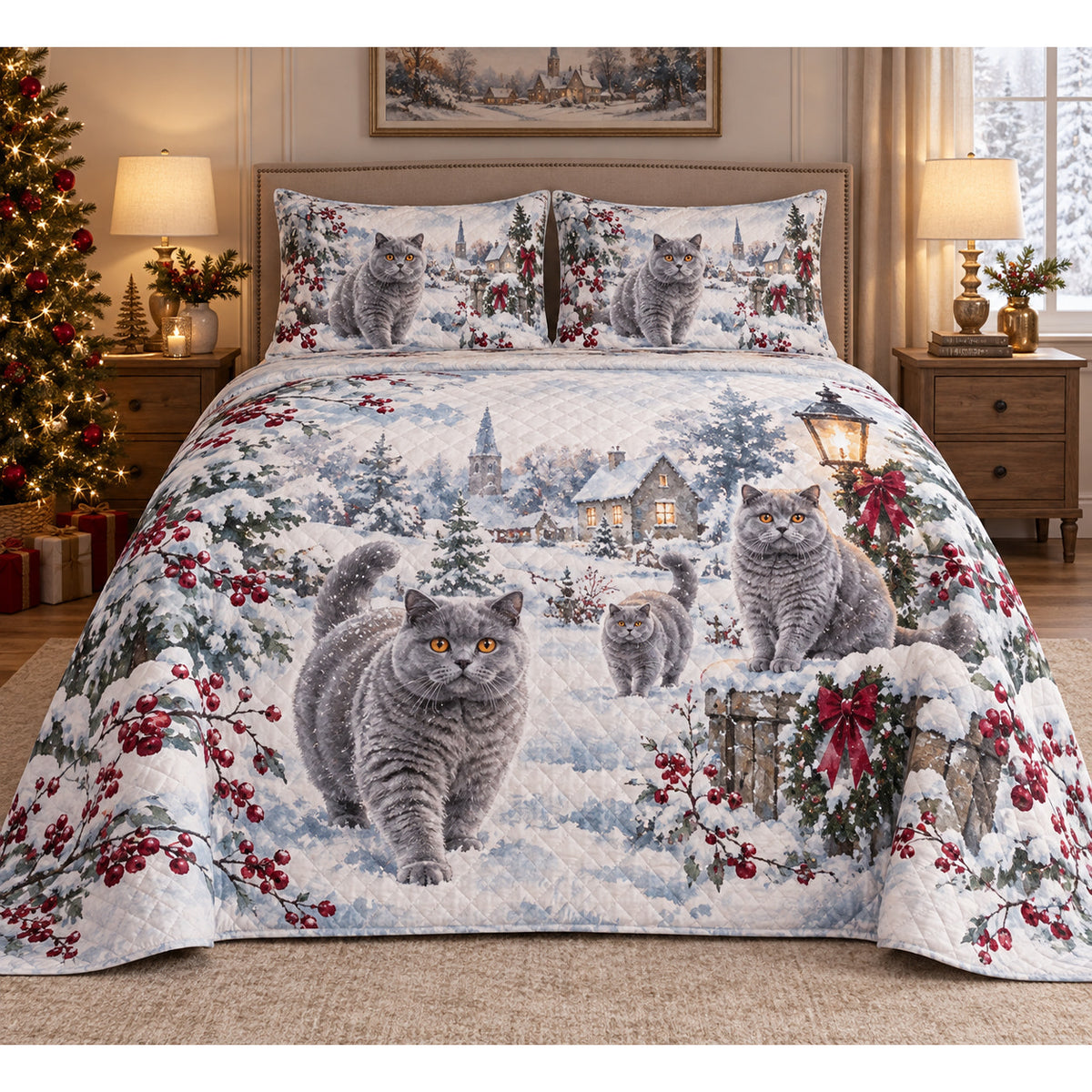 British Shorthair Cat Snowy Watercolor Christmas Quilt Set