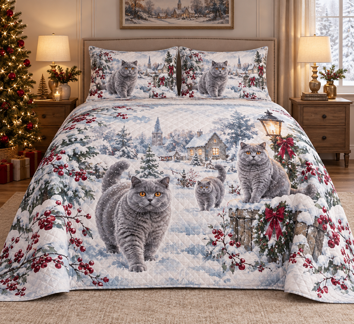 British Shorthair Cat Snowy Watercolor Christmas Quilt Set, front bedroom view