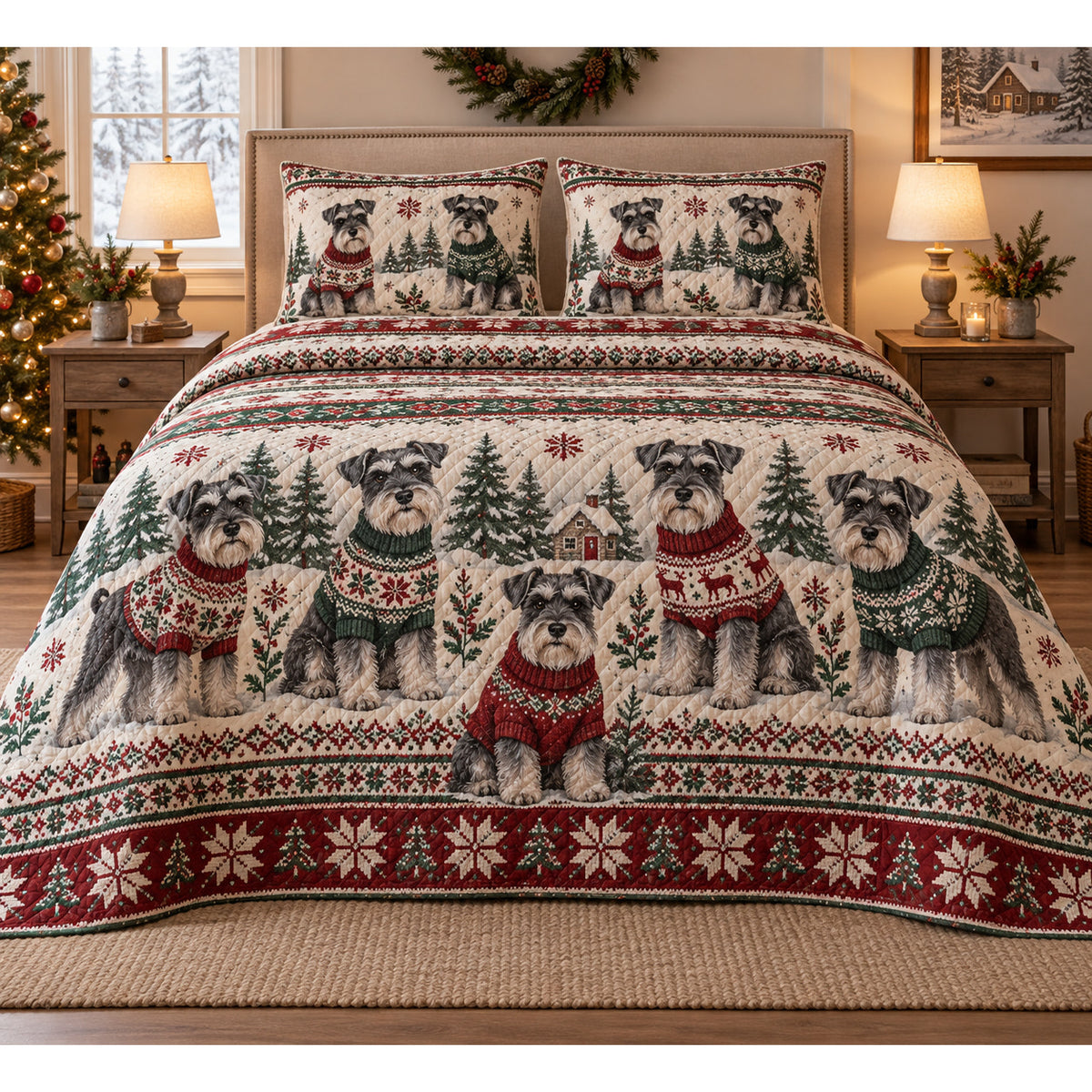 Schnauzer Cozy Sweater Christmas Quilt Set