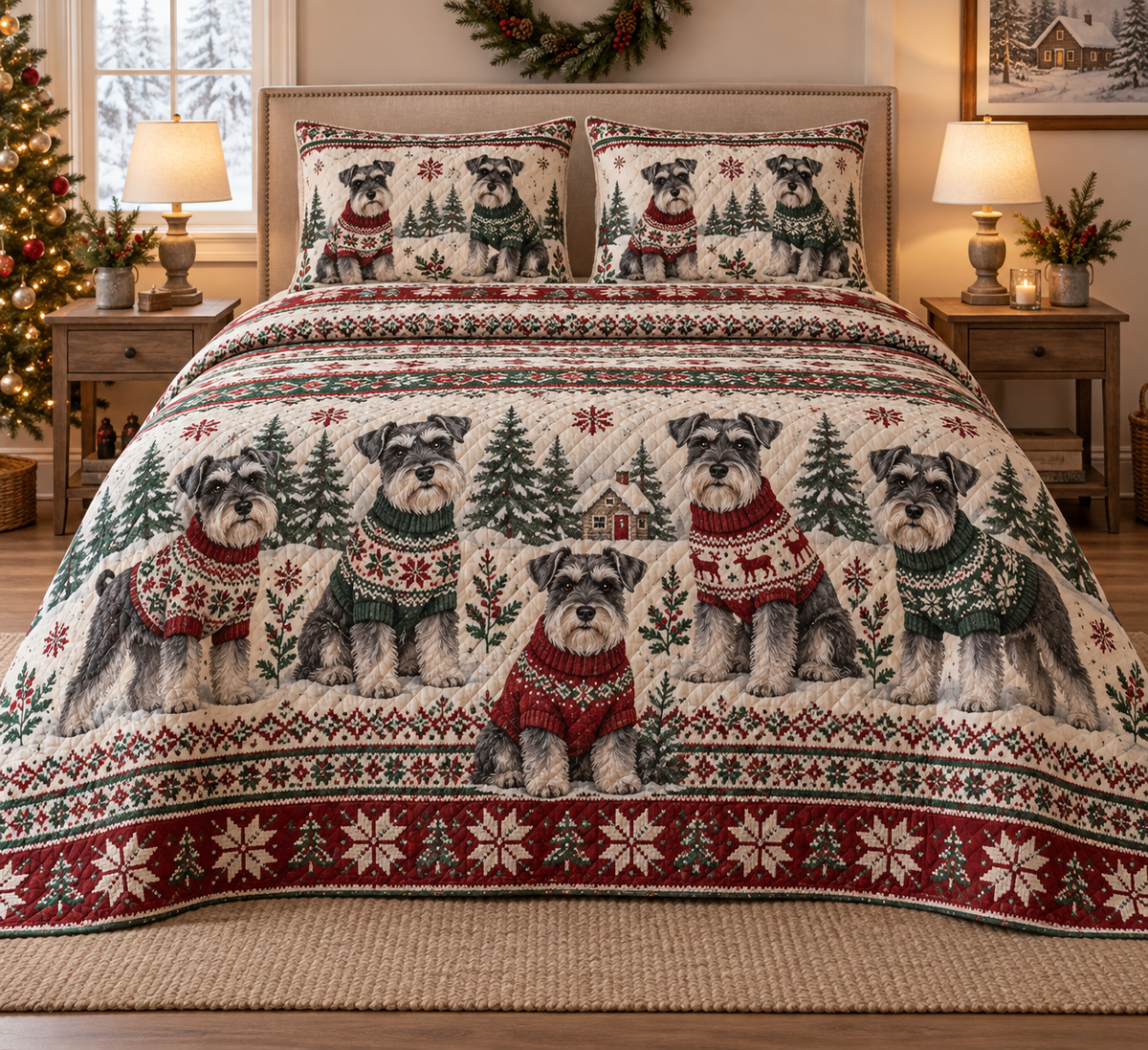 Schnauzer Cozy Sweater Christmas Quilt Set, front bedroom view