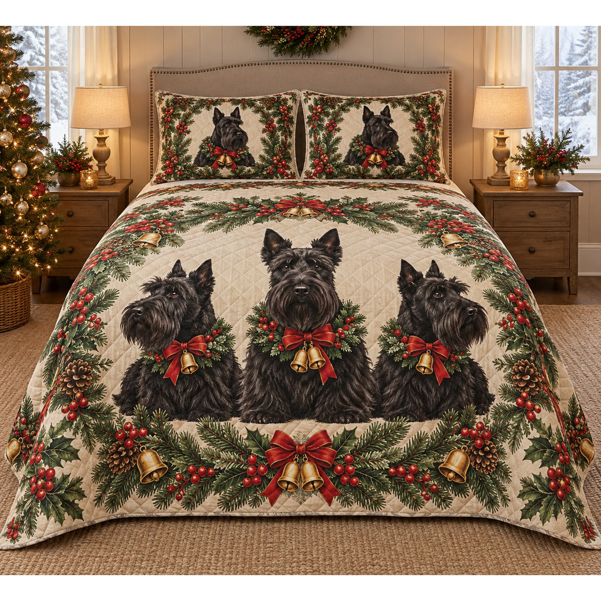 Scottish Terrier Christmas Wreath Quilt Set