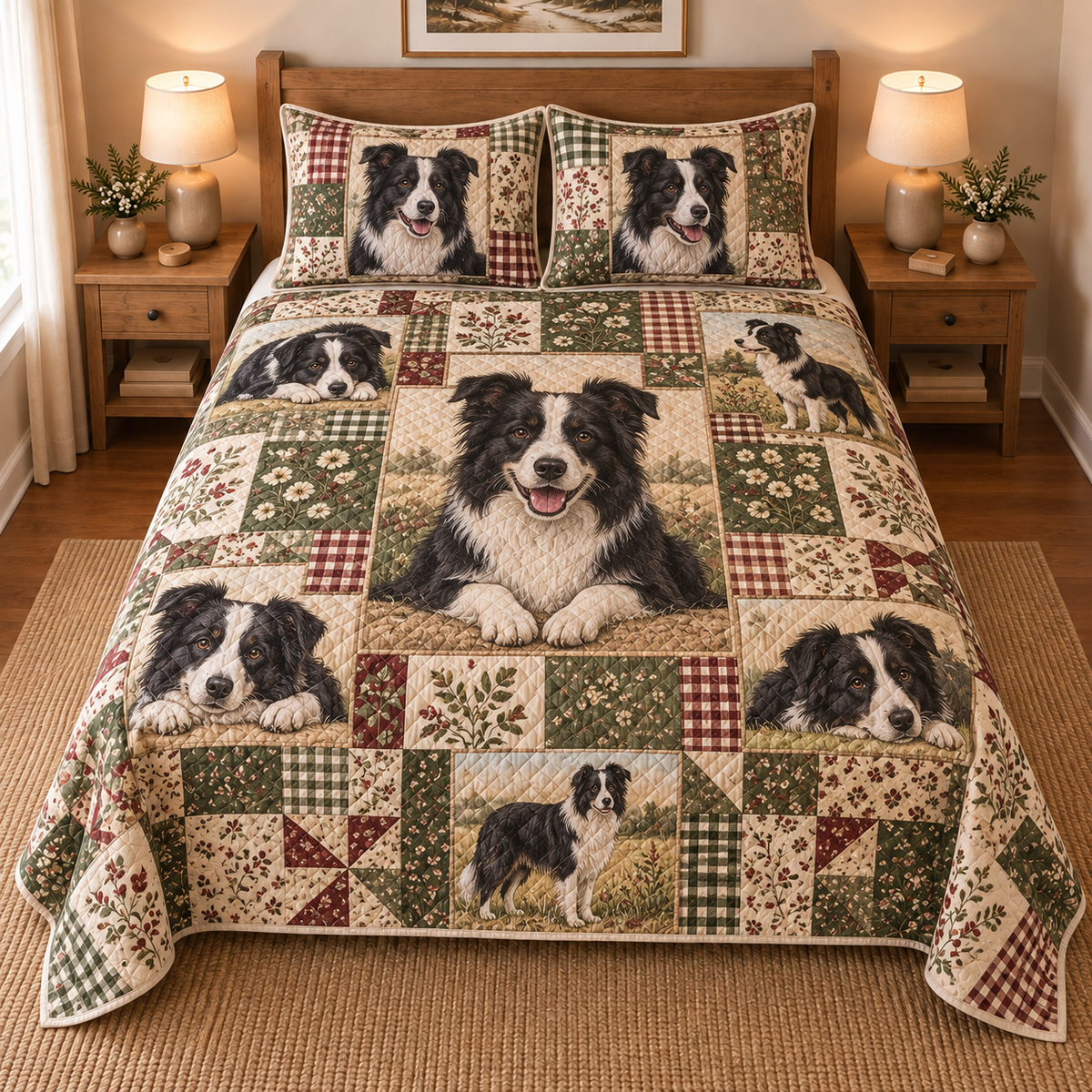 Border Collie Heritage Patchwork Quilt Set, front bedroom view