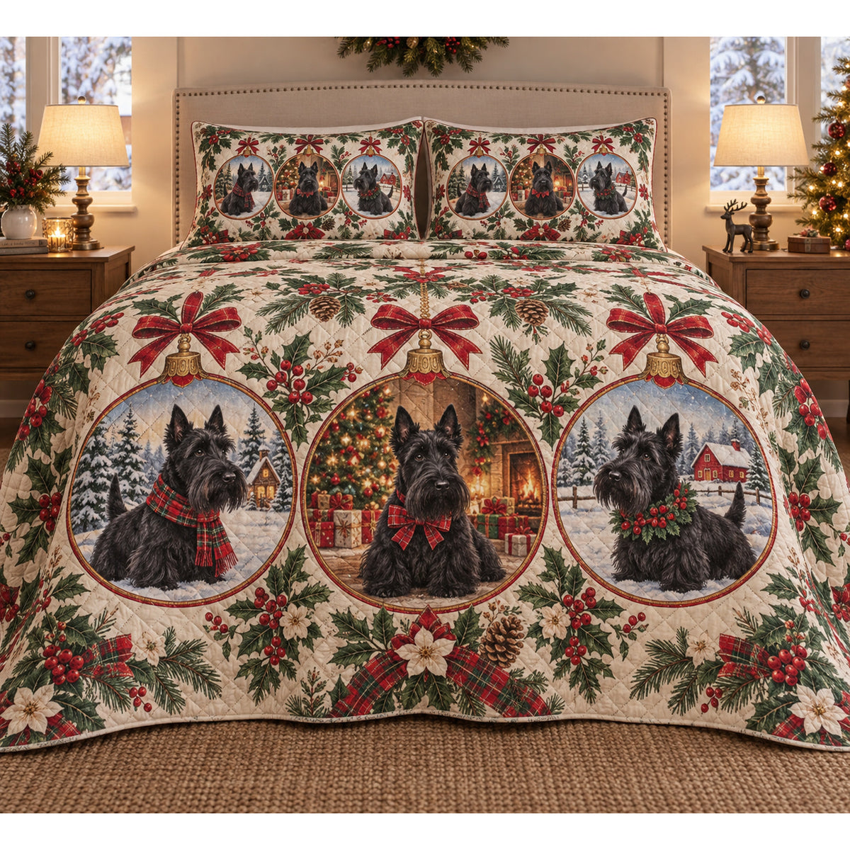 Scottish Terrier Ornament Medallions Christmas Quilt Set