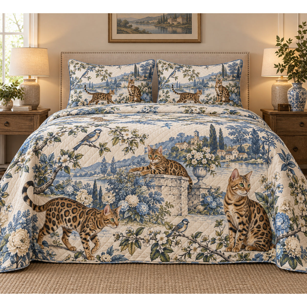 Bengal Cat Blue Country Toile Quilt Set