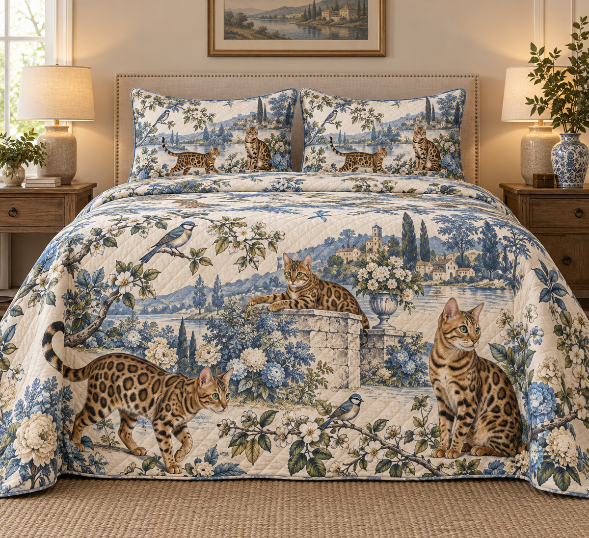 Bengal Cat Blue Country Toile Quilt Set, front bedroom view