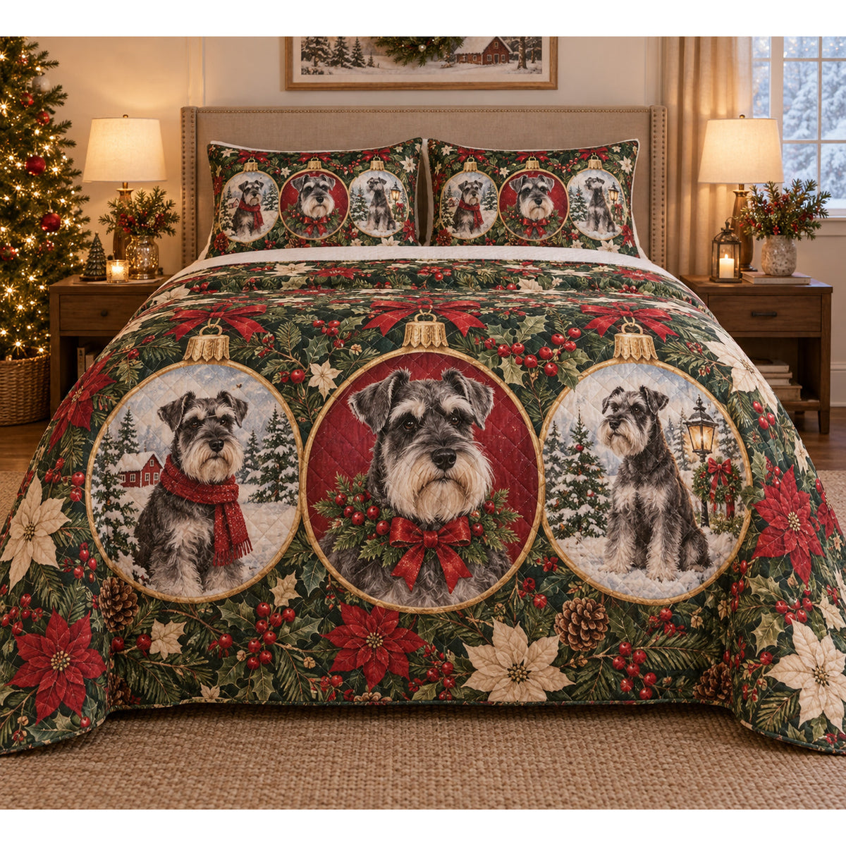 Schnauzer Ornament Medallions Christmas Quilt Set