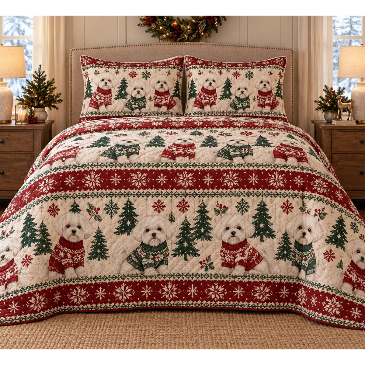Maltese Cozy Sweater Christmas Quilt Set