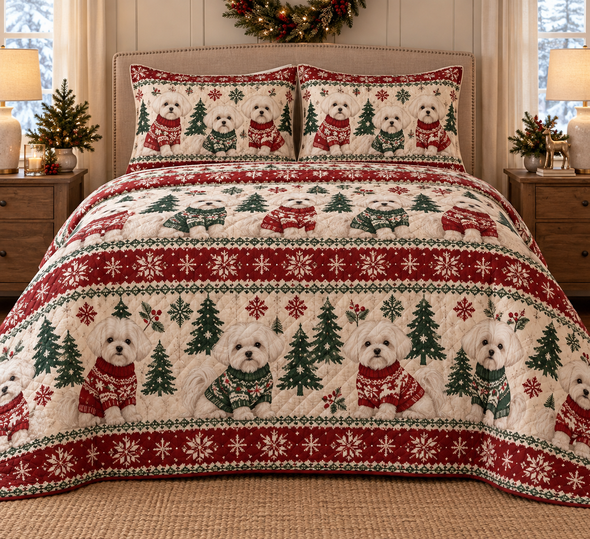 Maltese Cozy Sweater Christmas Quilt Set, front bedroom view