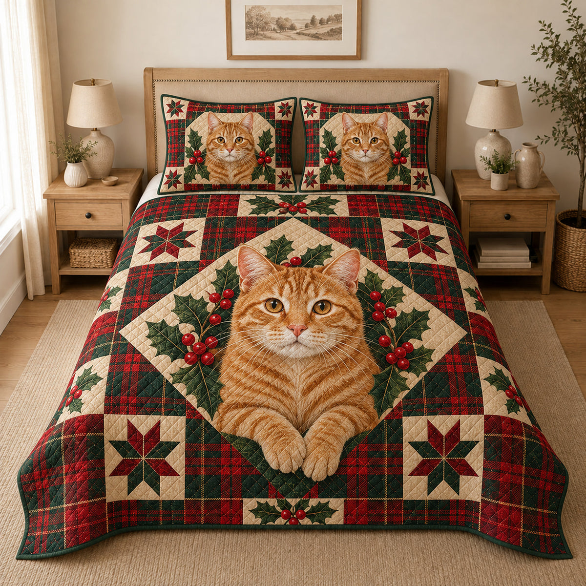 Orange Tabby Cat Heritage Tartan Christmas Quilt Set, reference-form bedroom view