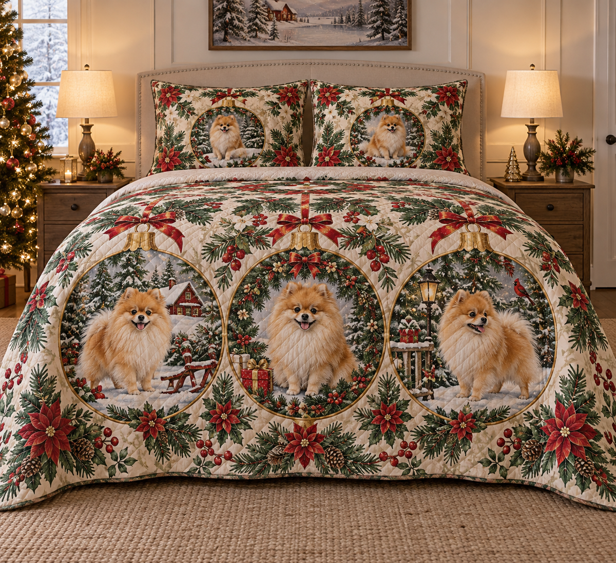 Pomeranian Ornament Medallions Christmas Quilt Set, front bedroom view
