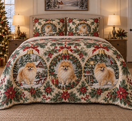 Pomeranian Ornament Medallions Christmas Quilt Set