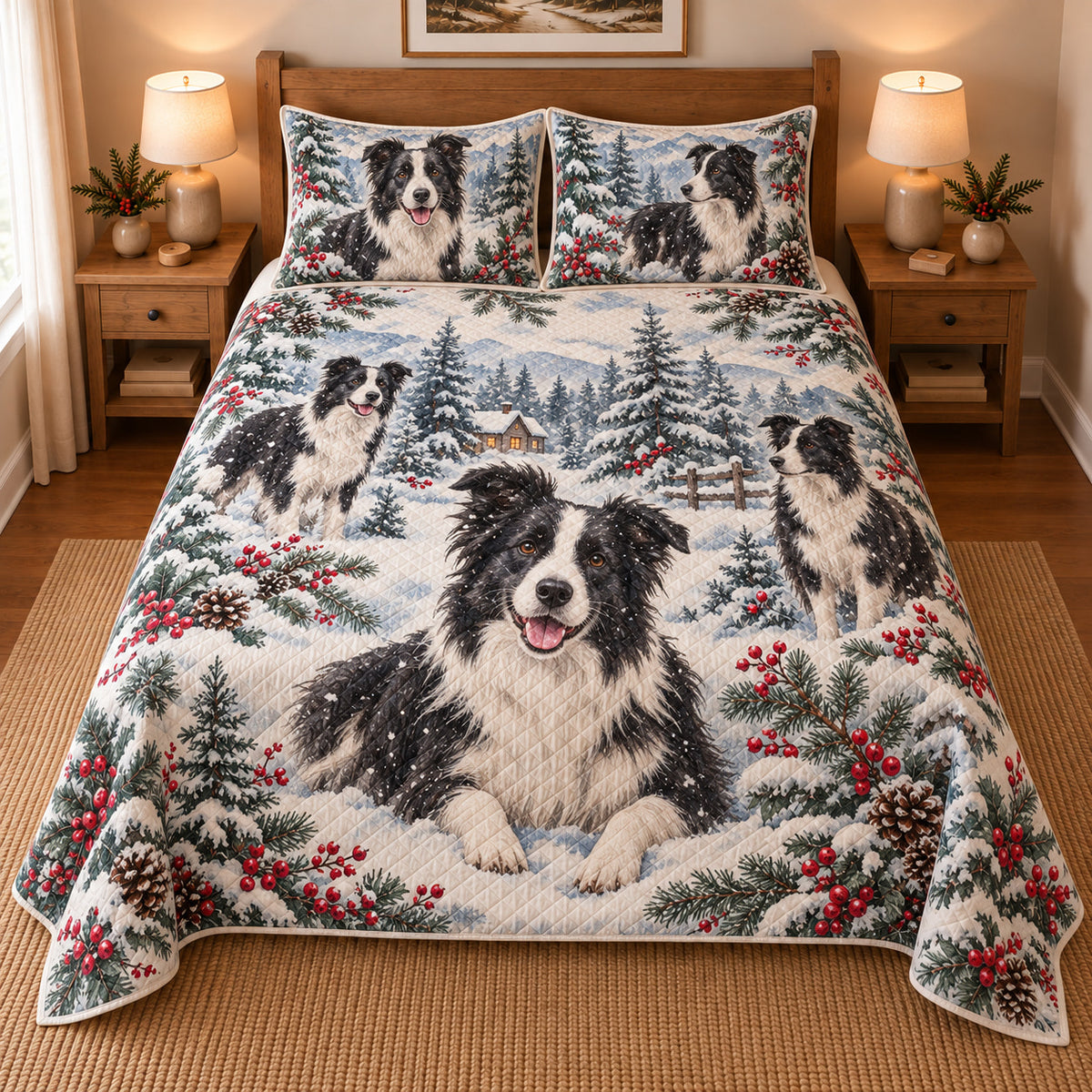 Border Collie Snowy Watercolor Christmas Quilt Set