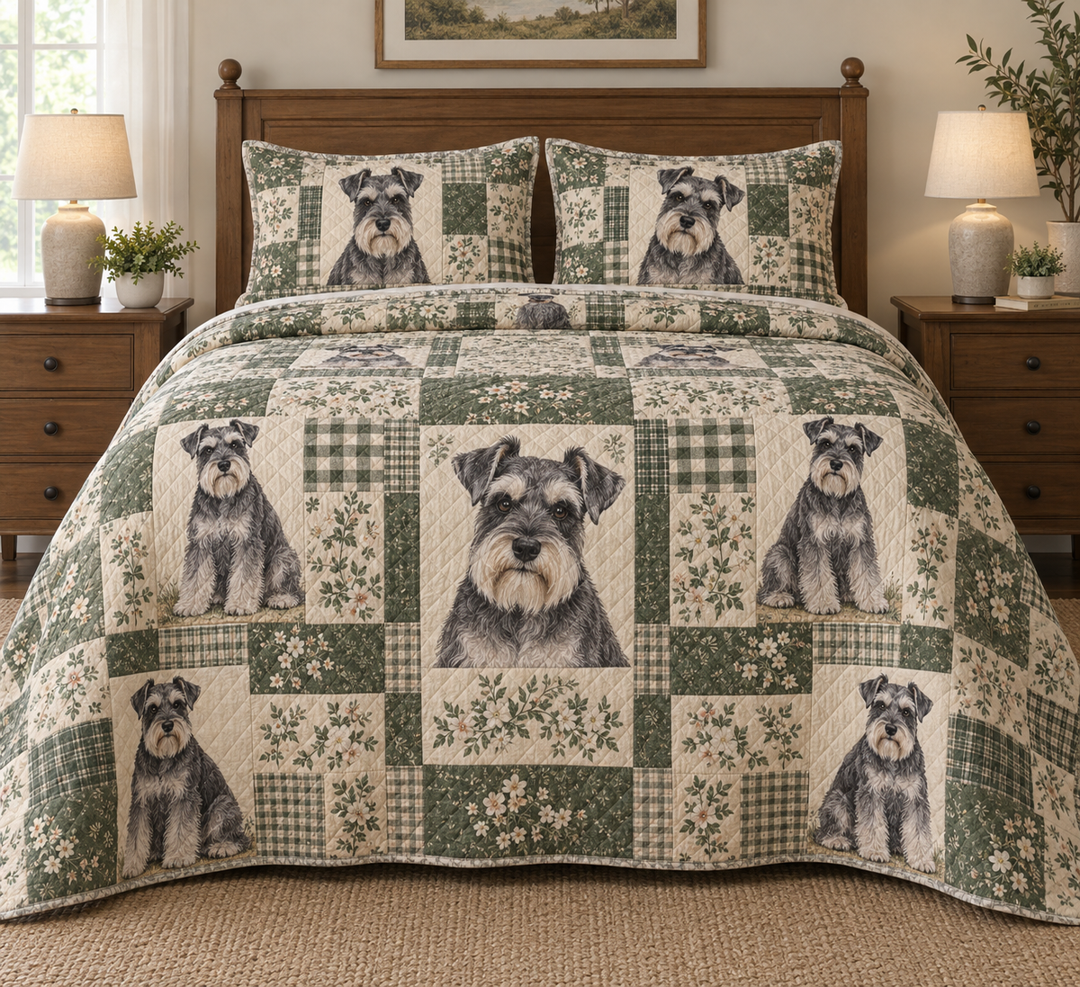 Schnauzer Heritage Patchwork Quilt Set, front bedroom view