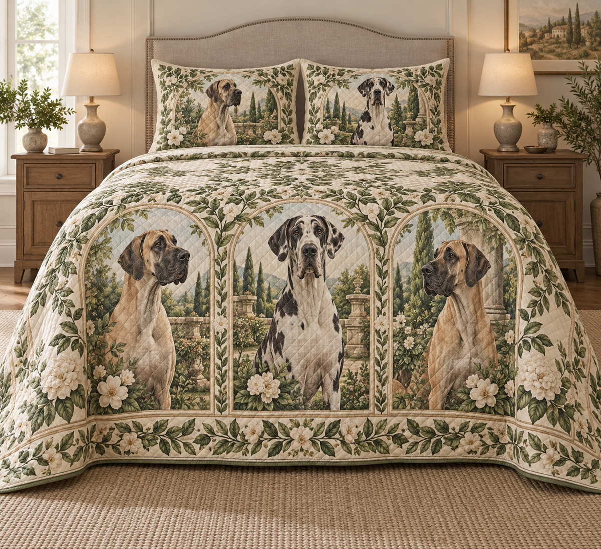 Great Dane Garden Cameos Quilt Set, front bedroom view