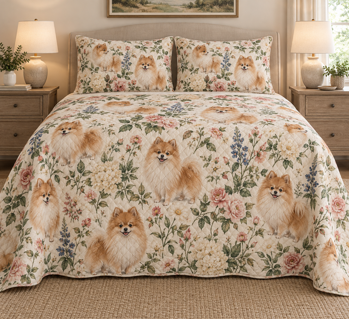 Pomeranian Cottage Floral Quilt Set, front bedroom view